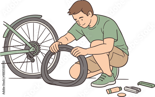 Fixing Flat Tire. An adult man repairing a flat bicycle tire outdoors, clean flat line illustration showing focused posture and