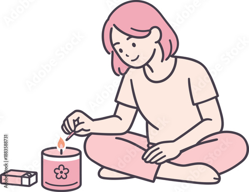 Lighting a Candle. Woman sits quietly striking a match to light a scented candle gently Minimalist flat line vector illustration,