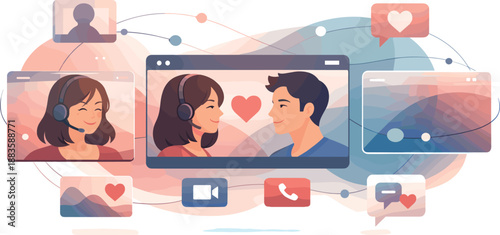 Digital Romance Composition. Abstract digital romance composition built from floating screens, connection lines, and soft light