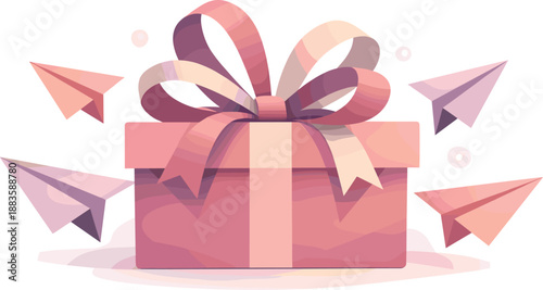 Abstract Gift Box. Abstract gift box composition highlighting ribbon loops and folded paper planes, modern flat vector