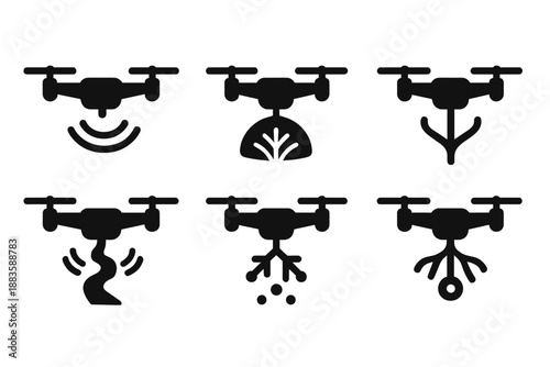 Dual-Scan Mapping Drone. Solid style icons of a flying sensor for biological and geographical forks: dual-scan mapping drone,