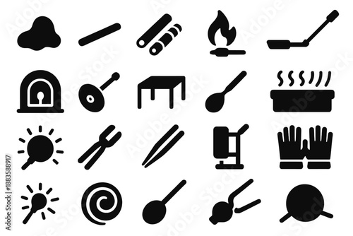 Glass Art Tools. Solid style icons of Glass Artist Murrine: molten glass, glass rod, color cane, torch flame, glassblower pipe,