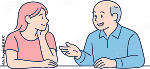 Family Bonding Scene. Two family members talk calmly while spending relaxed quality time together Minimalist flat line vector