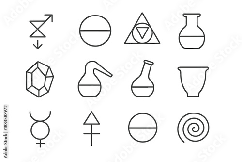 Alchemical Practices Icons. Line style icons of Alchemical Practices: Transmutation, Prima Materia, Alchemical Symbol, Flask;