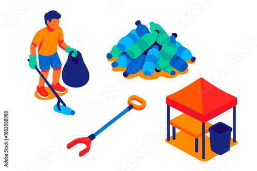 Beach Cleanup Volunteers. Isometric vector illustration set Beach Cleanup Scene: Volunteer with bag, collected bottle pile,