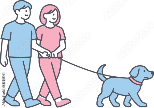 Couple Walking Dog. A couple walks their dog together, holding the leash and moving calmly side by side, minimalist flat line