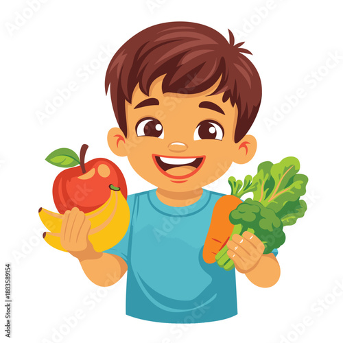 Happy boy with apples, bananas, carrot, and broccoli, suitable for promoting healthy eating habits in childrens books or education materials.