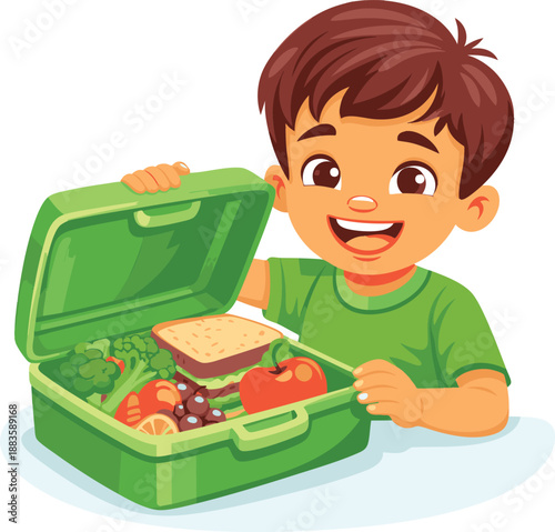Smiling boy holds a green lunchbox filled with healthy food items. Ideal for showcasing nutritious school lunch ideas concept.