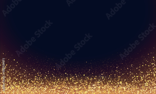 Festive vector background with gold glitter and confetti for Christmas celebration. Black background with glowing golden particles. Dark backdrop with space for text. Vector flyer or banner template.