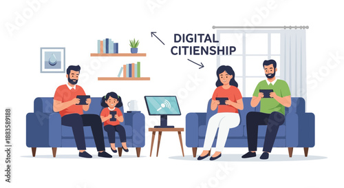 Family using digital devices at home with digital citizenship concept.