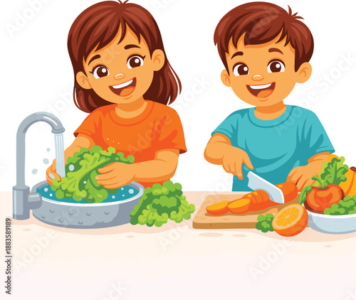 Two kids cooking together, washing lettuce and chopping vegetables. Ideal for family meal preparation, healthy eating, and kidfriendly recipes.