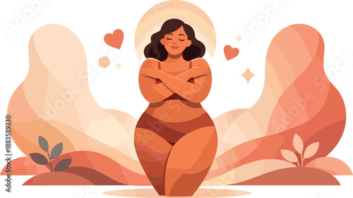Body Positivity Art. Abstract self-acceptance scene built from soft curves and centered confident forms, modern flat vector