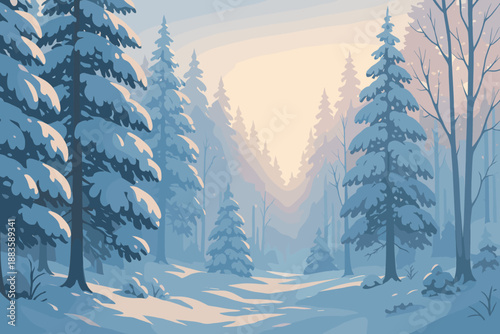 Serene Snowy Forest. Scenic snow-covered forest illuminated by soft morning light, vector illustration serene and peaceful tones,