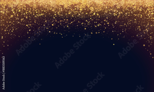 Festive vector background with gold glitter and confetti for Christmas celebration. Black background with glowing golden particles. Dark backdrop with space for text. Vector flyer or banner template.