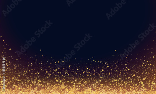 Festive vector background with gold glitter and confetti for Christmas celebration. Black background with glowing golden particles. Dark backdrop with space for text. Vector flyer or banner template.