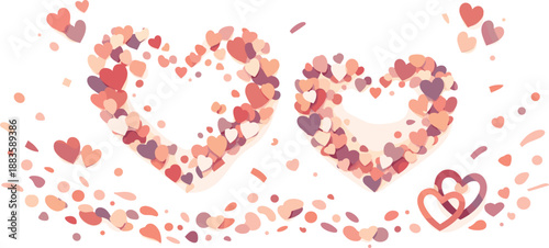 Confetti Heart Patterns. Abstract romantic composition built from scattered confetti shapes forming heart patterns, modern flat