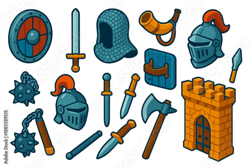 Viking Arms Collection. Isometric vector illustration set Sword & Shield: round Viking shield, forged longsword blade, chainmail