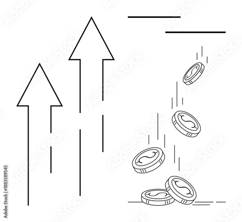 Finance, business investments, savings, wealth growth, economic analysis, market trends. Arrows pointing up combined with falling coins. Finance and business investments visual concept