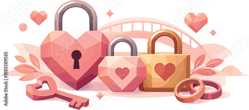 Geometric Love Locks. Geometric love locks combined into a refined romantic arrangement, modern flat vector illustration