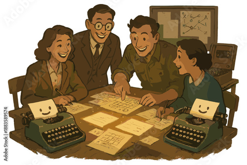 Joyful Codebreaking Scene. World War II codebreakers’ room with happy typewriters, glowing papers, and people solving puzzles