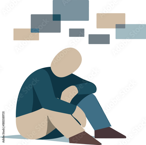 Image Generation. Abstract geometric human figure sits beneath floating disconnected rectangles symbolizing virtual collaboration