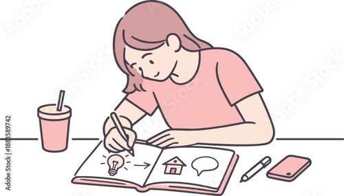 Calm Creative Drawing. Woman leans over a table drawing simple concepts in a notebook quietly Minimalist flat line vector
