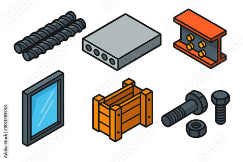 Construction Material Icons. Isometric vector illustration set Construction Materials: steel rebar, precast concrete slab,