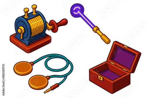 Victorian Electrotherapy Devices. Isometric vector illustration set Victorian Electrotherapy Devices: Brass-cranked generator,