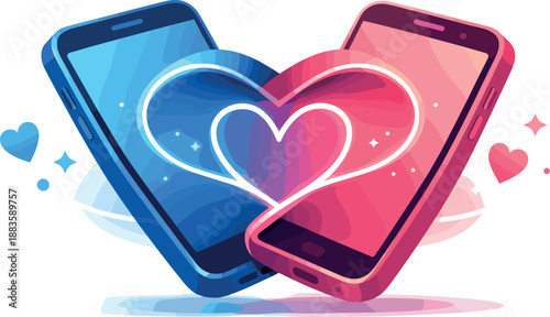 Digital Love Connection. Intertwined smartphones forming a symbolic heart through light signals, modern flat vector illustration