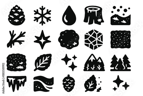 Frozen Nature Icons. Solid style icons of Frozen nature details: pinecone frost, snow crystal, ice droplet, frozen bark, snow dust