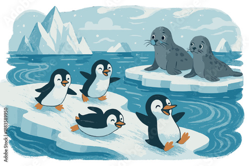 Playful Penguins and Seals. Polar ocean scene with happy penguins sliding on ice, curious seals, drifting icebergs, and swirling