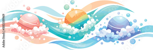 Soothing Bath Bomb Art. Abstract wellness scene expressed through dissolving bath bomb spheres and flowing water curves, modern