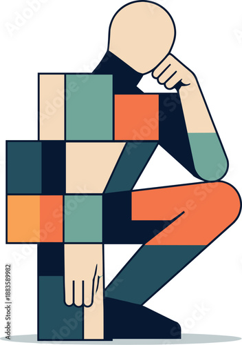 Image Generation. Abstract geometric human figure partially integrates with constrained blocks becoming simplified structured form