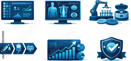 Medical Workflow Efficiency. Clinical efficiency layout representing advanced medical technology workflows, six symbolic objects