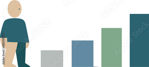 Geometric Evolution. Calm abstract geometric human figure stands beside few fully aligned sequential blocks in wide white space