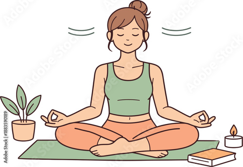 Yoga at Home. A relaxed woman practicing yoga at home during daily life, clean flat line illustration showing balanced posture and
