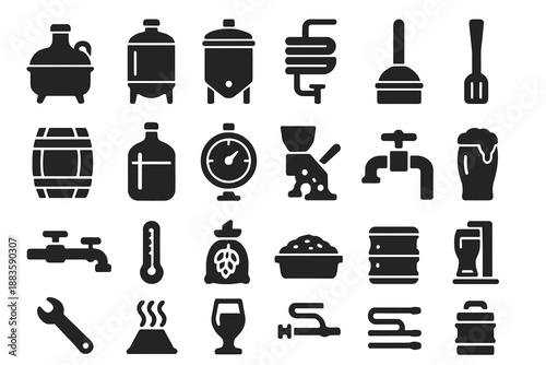 Brewery Equipment Icons. Solid style icons of Brewery workshop: copper kettle, fermentation vat, mash tun, cooling pipe, brewing