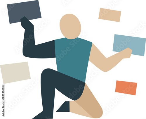 Image Generation. Abstract geometric human figure attempts to handle multiple floating rectangles at once symbolizing online