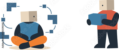 Geometric Connectivity Paradox. Second abstract geometric human figure appears holding a single direct connection block while