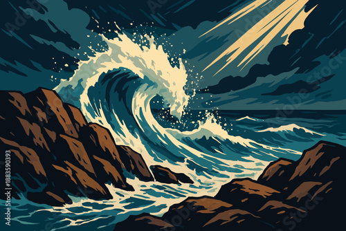 Dramatic Waves and Rocks. Dynamic shot of waves crashing on a rocky shoreline under dramatic lighting, powerful and bold tones,