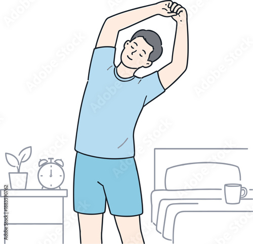 Morning Stretch Routine. A man stretches during his morning routine, standing calmly and loosening his body, minimalist flat line