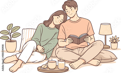Serene Evening Together. Two partners spending a peaceful evening together in a calm setting, clean flat line illustration showing
