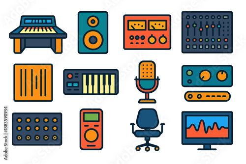 Recording Studio Icons. Flat vector icons of Recording Studio Setup: control room desk, nearfield monitor, rack compressor, mixing