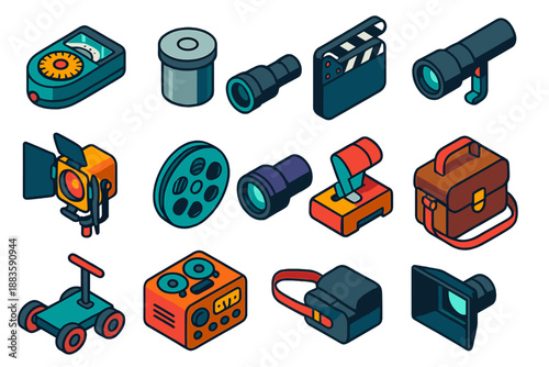 Analog Film Icons. Isometric vector illustration set Analog Film: retro light meter, metal film canister, director’s monocular