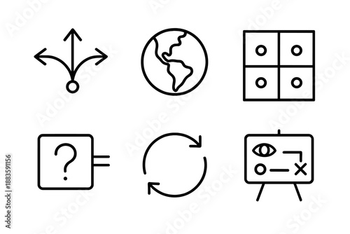 Strategic Planning Icons. Line style icons of Scenario Planning: branching future path, alternative world map, scenario matrix,