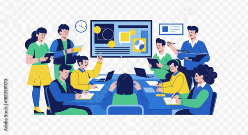 People in a meeting room discussing a presentation on a large screen.