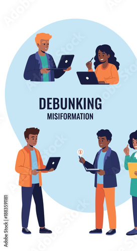 Diverse people collaborating with technology and information.