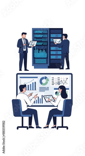 Business meeting with data analysis and server room illustration.