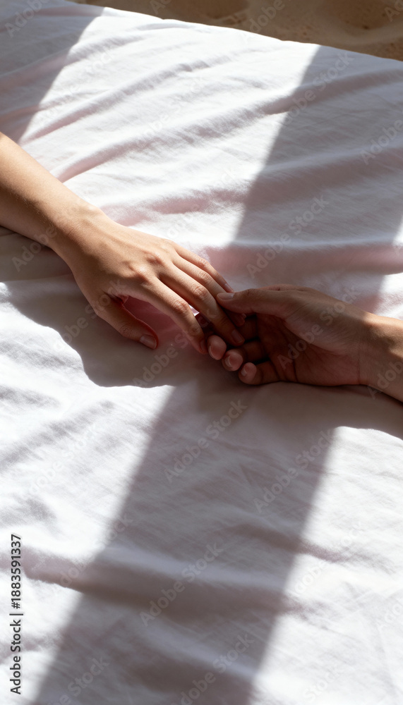 Obraz premium Tender hands of a couple touching on a white bedsheet. Vertical photo capturing a moment of love, intimacy, and connection in natural sunlight.