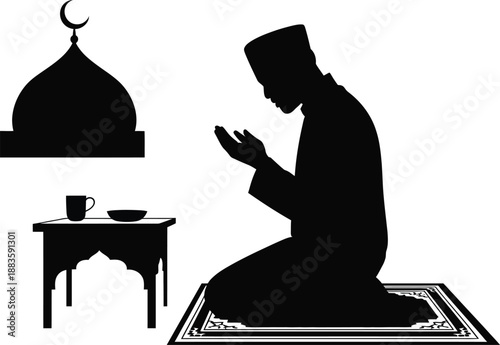 Vector silhouette of Muslim man in prayer, depicting spirituality and cultural devotion